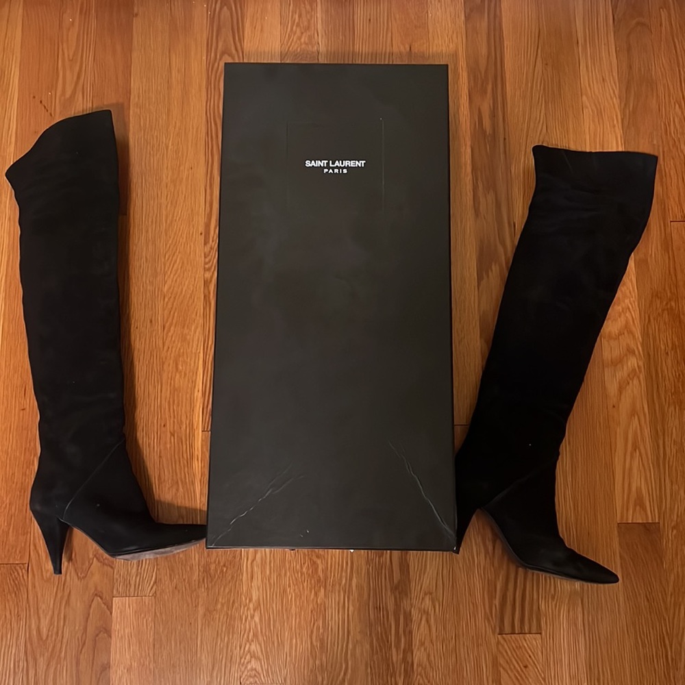 Authentic Black Suede Saint Lauren Paris Cat 90 Thigh Boot with original box